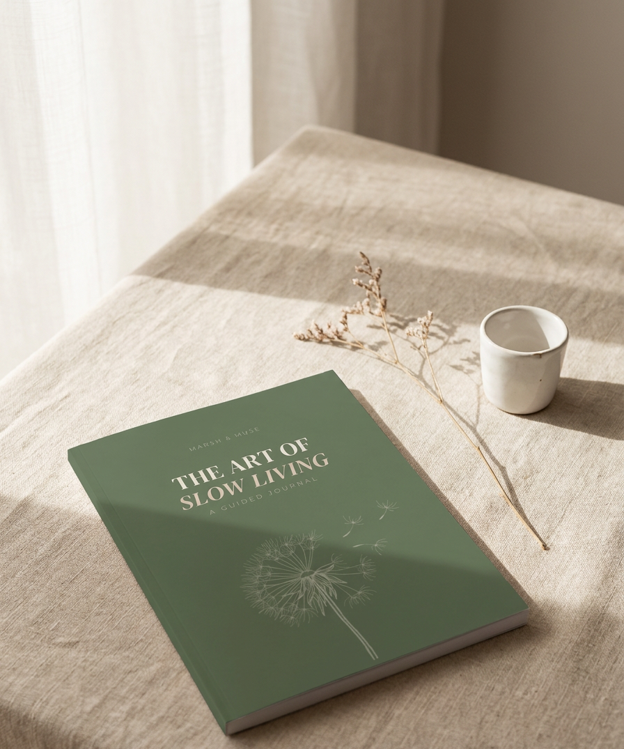 The Art of Slow Living journal resting on linen in soft morning light