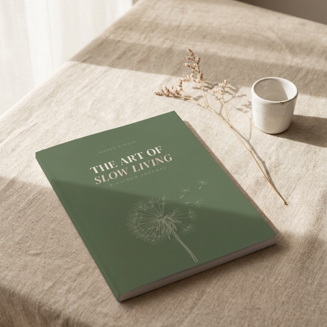 The journal styled with dried botanicals and a stoneware cup on linen