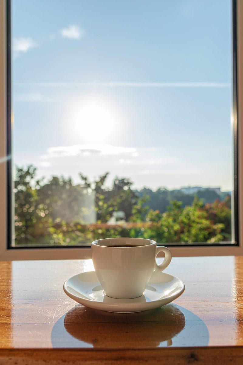 A white cup and saucer on a wooden table in front of a sunlit window, garden greenery beyond.