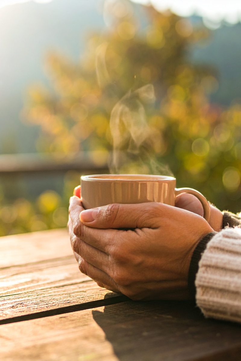 A pair of hands wrapped around a warm mug outdoors, a soft garden blurred behind in golden light.