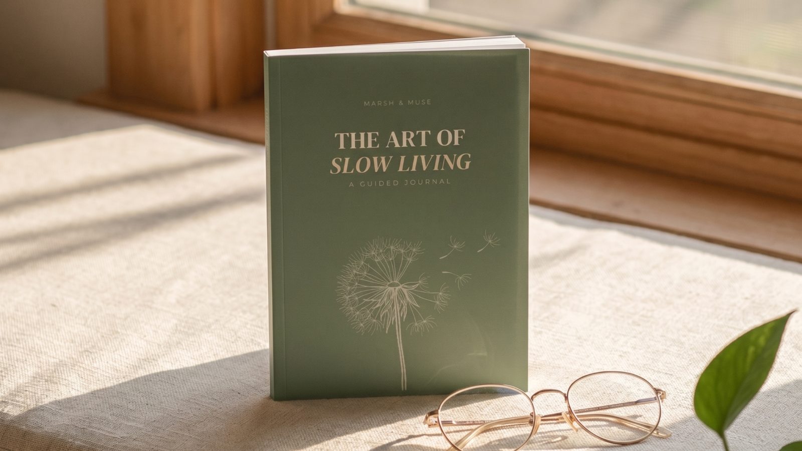 The Art of Slow Living guided journal standing on a linen surface in warm morning light, a pair of glasses resting beside it.