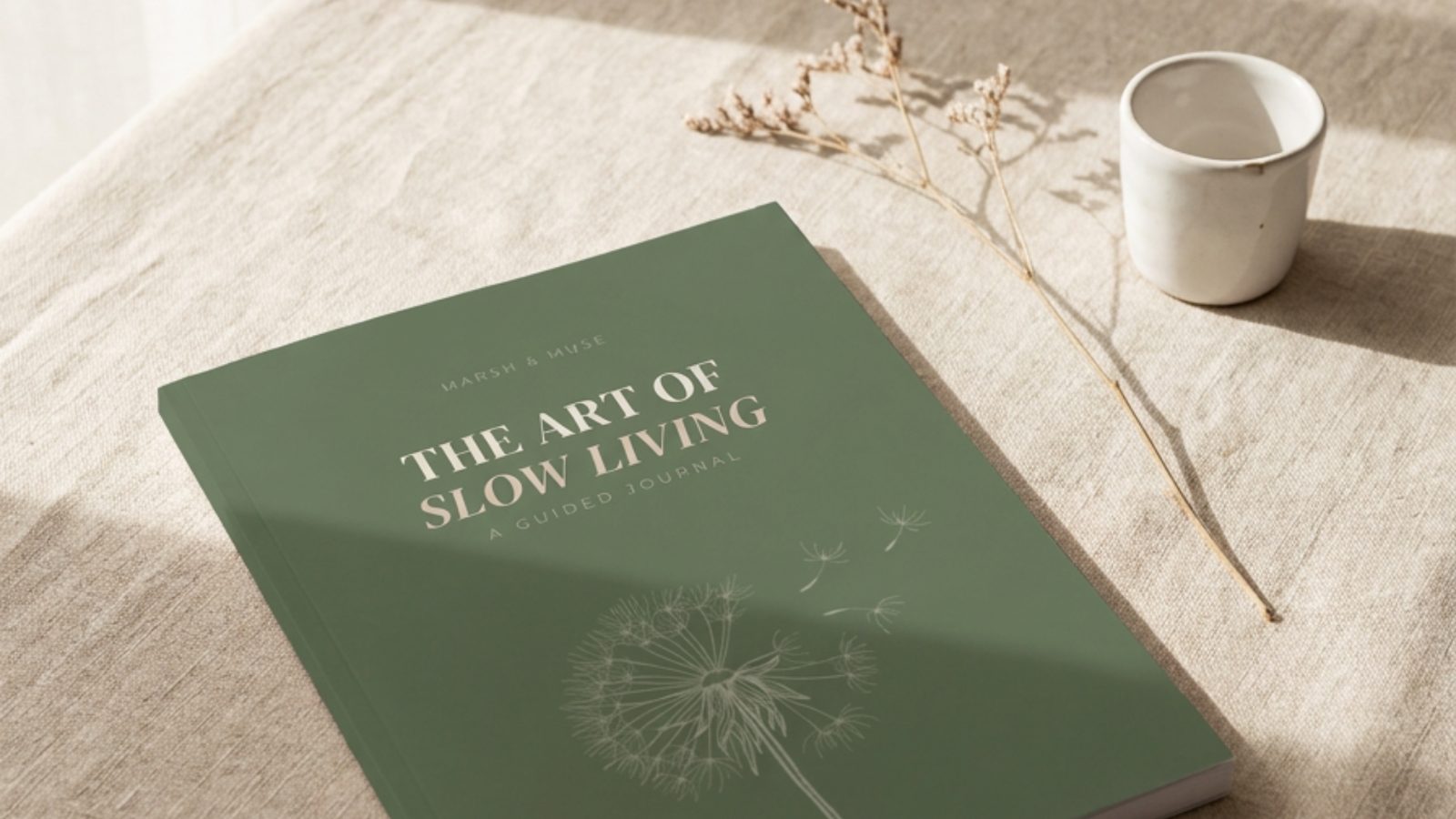 The Art of Slow Living journal resting on soft linen beside a ceramic cup and a sprig of dried flowers.