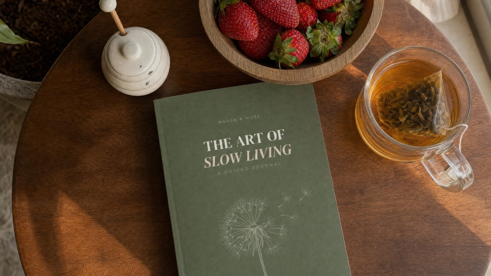 The Art of Slow Living journal on a wooden table beside a bowl of strawberries and a glass cup of herbal tea, warm light.